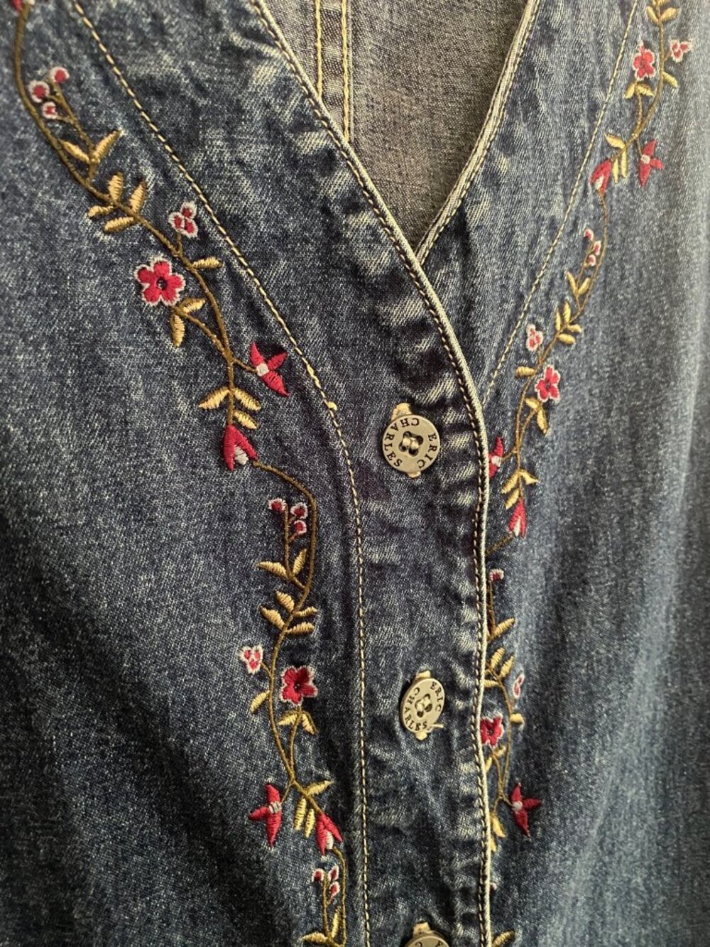 Vintage Eric Charles Denim Vest Dress With Floral Embroidery 100% Cotton Size M - Picture 5 of 6